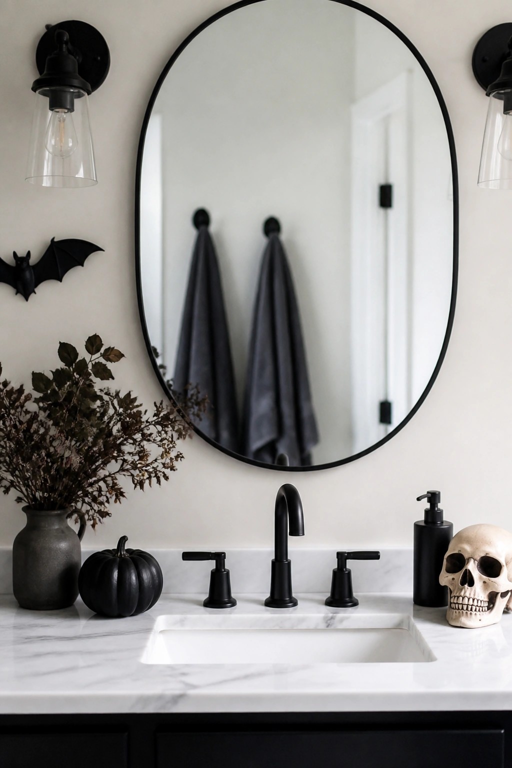 Bathroom vanity with black bat wall decor beside an oval mirror and a skull on the marble countertop.