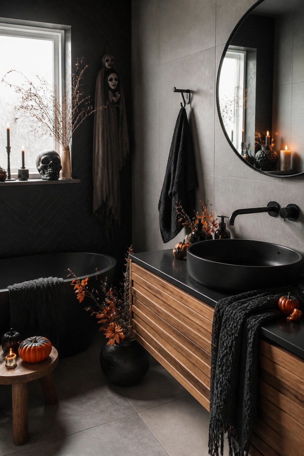 Bathroom with two hanging ghost figures by the window, a skull on the ledge, black bathtub, and orange pumpkins on the vanity and floor.