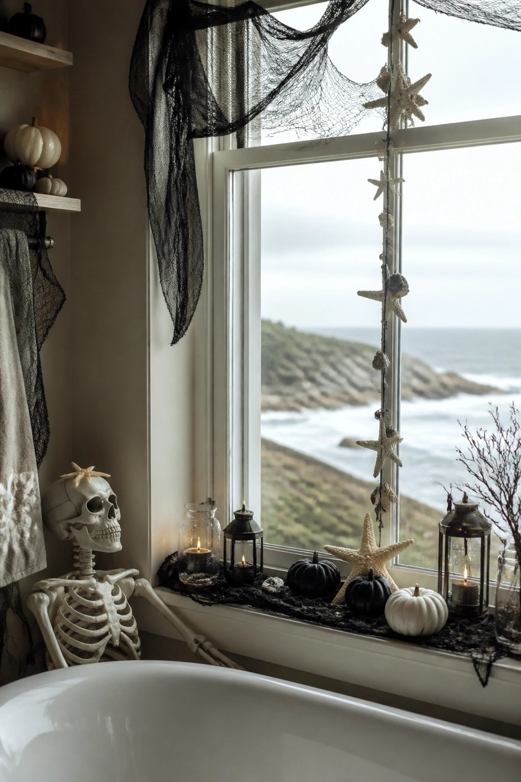 Bathroom window ledge styled with a skeleton, black lace runner, mini pumpkins, and lanterns overlooking the ocean.