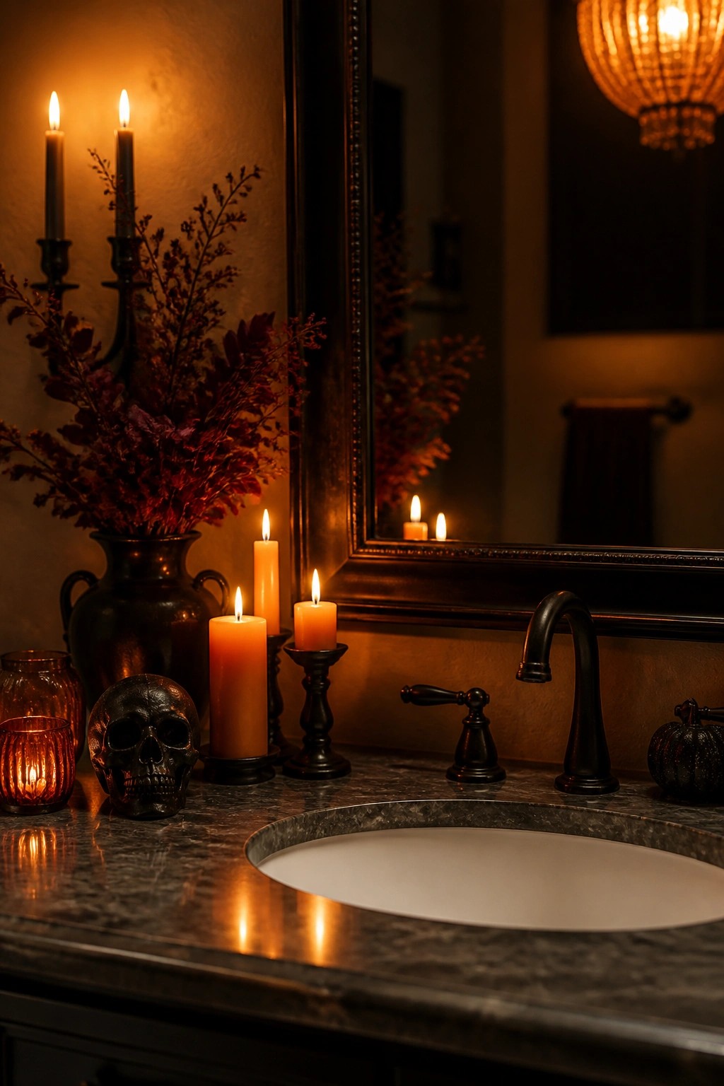 Dark marble sink with black faucet, lit candles, skull, and dried flowers