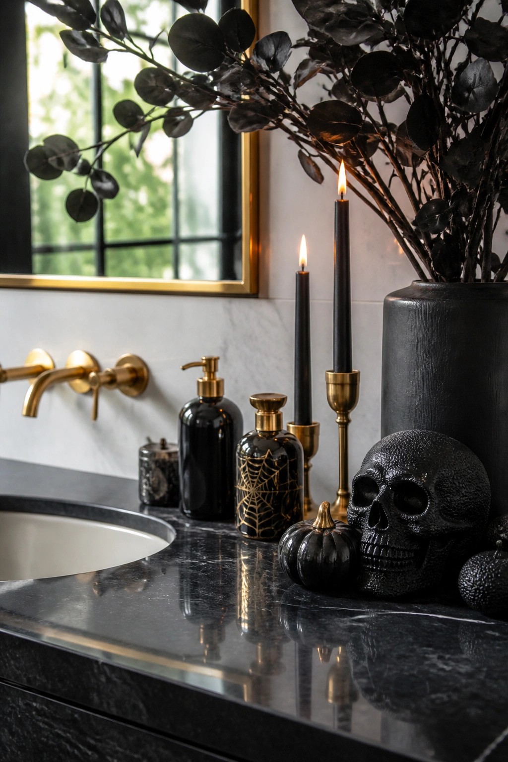 Black marble vanity with skull, lit candles, gold accents and dark foliage