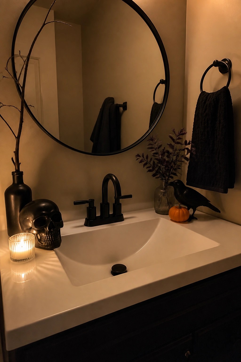 Halloween bathroom sink with black skull, crow, pumpkin, lit candle, and round mirror