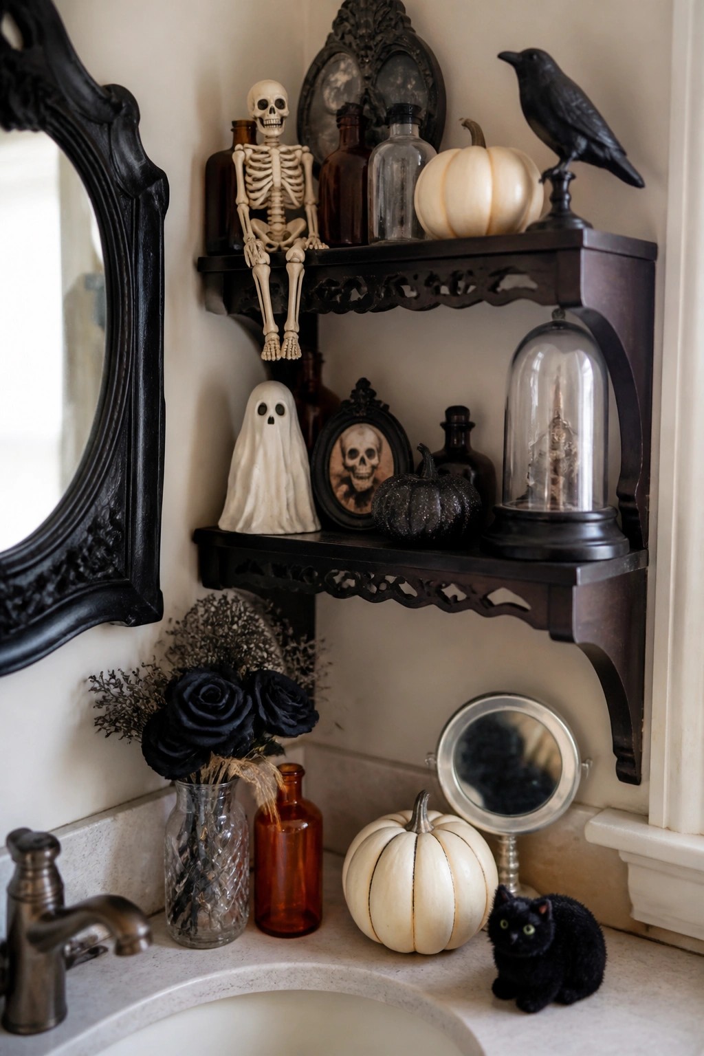 Bathroom corner with dark wooden shelves holding a skeleton, ghost figurine, black crow, pumpkins, and a skull portrait above a sink.