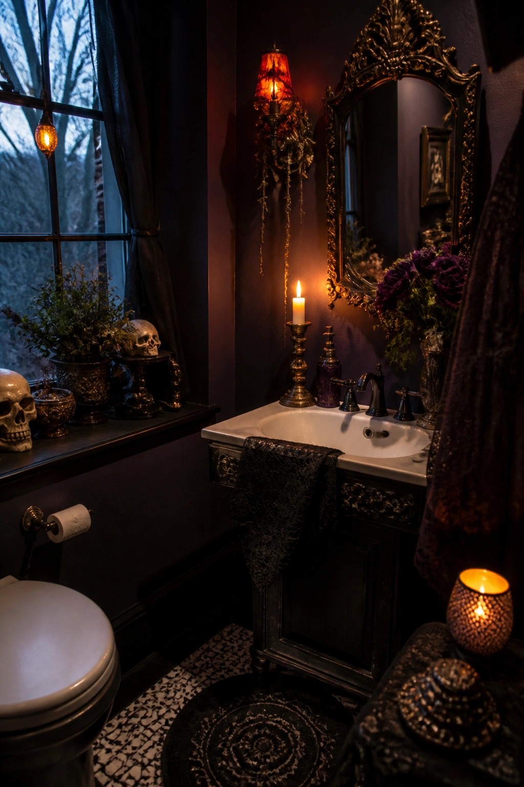Gothic bathroom with skulls, lit candles, ornate mirror, and black vanity.