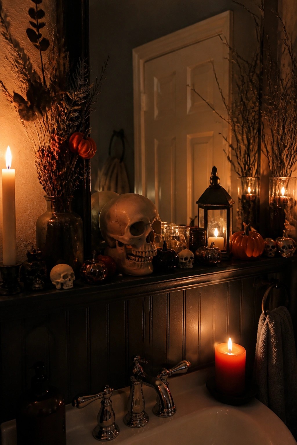 Bathroom vanity with a large skull, smaller skulls, pumpkins, and lit candles arranged along the dark ledge in front of the mirror.