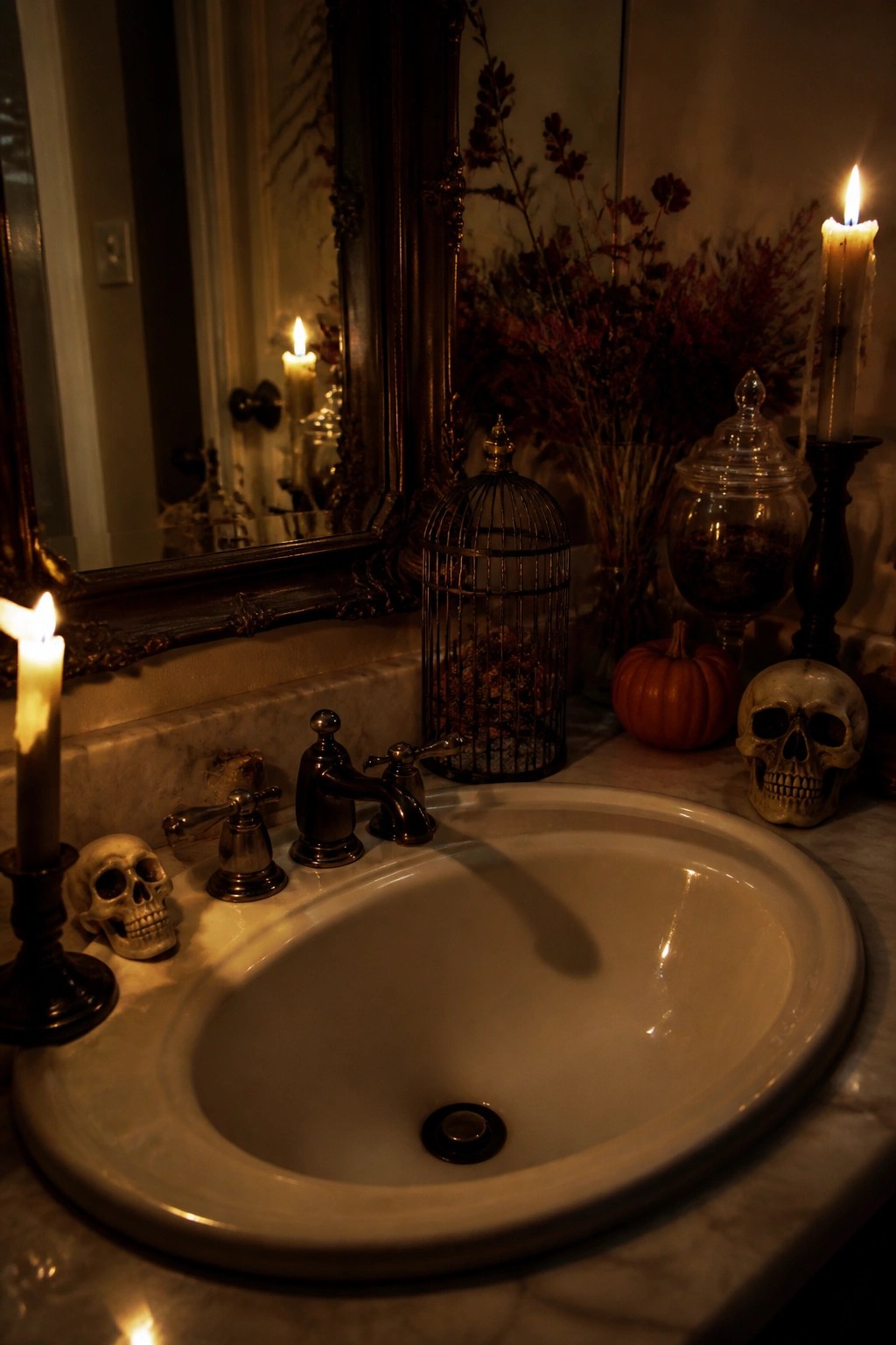 Bathroom sink area with multiple skulls, lit candles, a small pumpkin, and a decorative birdcage arranged on a marble countertop.