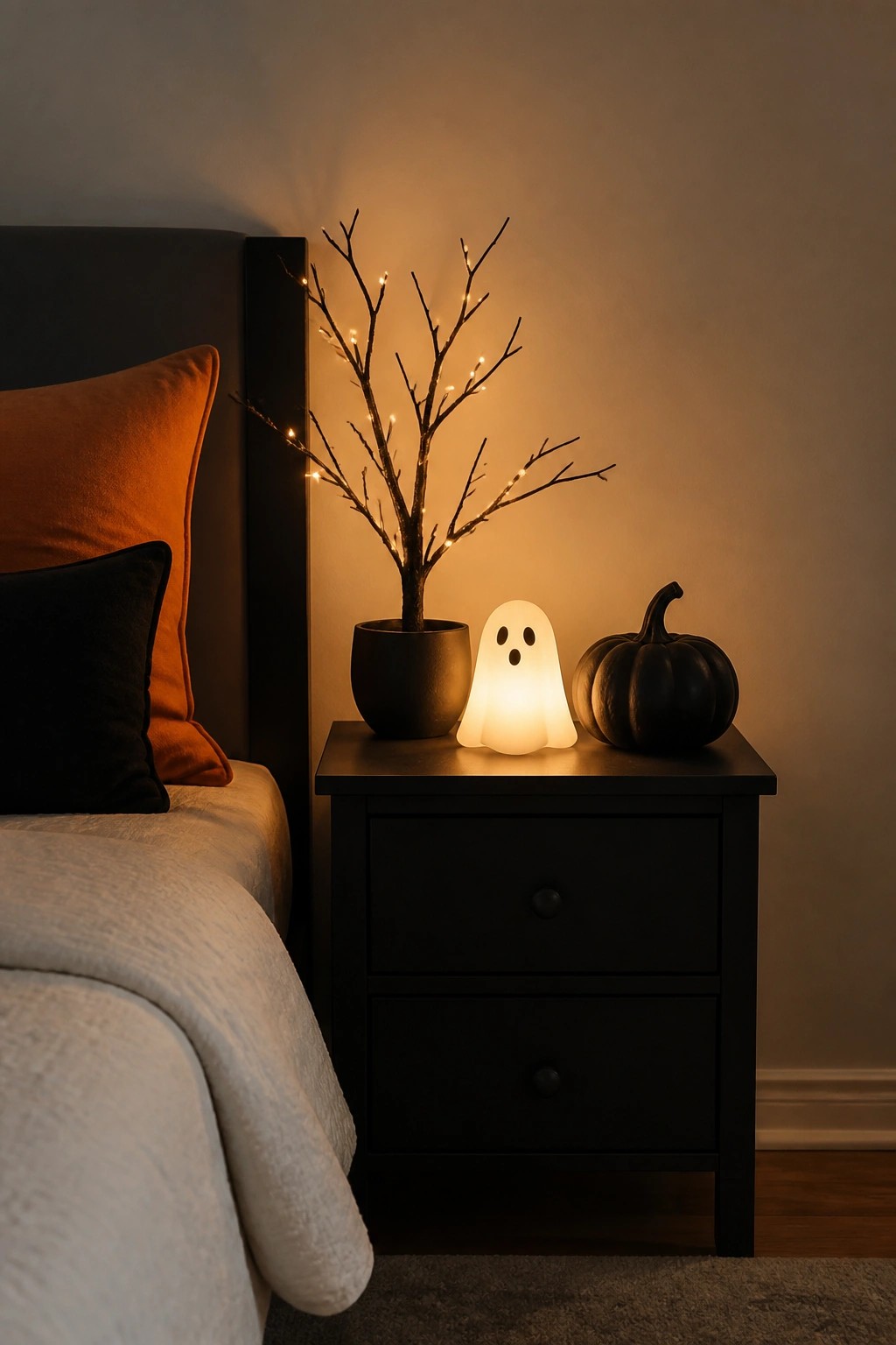 Bedroom nightstand holding a glowing ghost lamp, a black pumpkin, and a potted branch with string lights next to a bed with orange and black pillows.