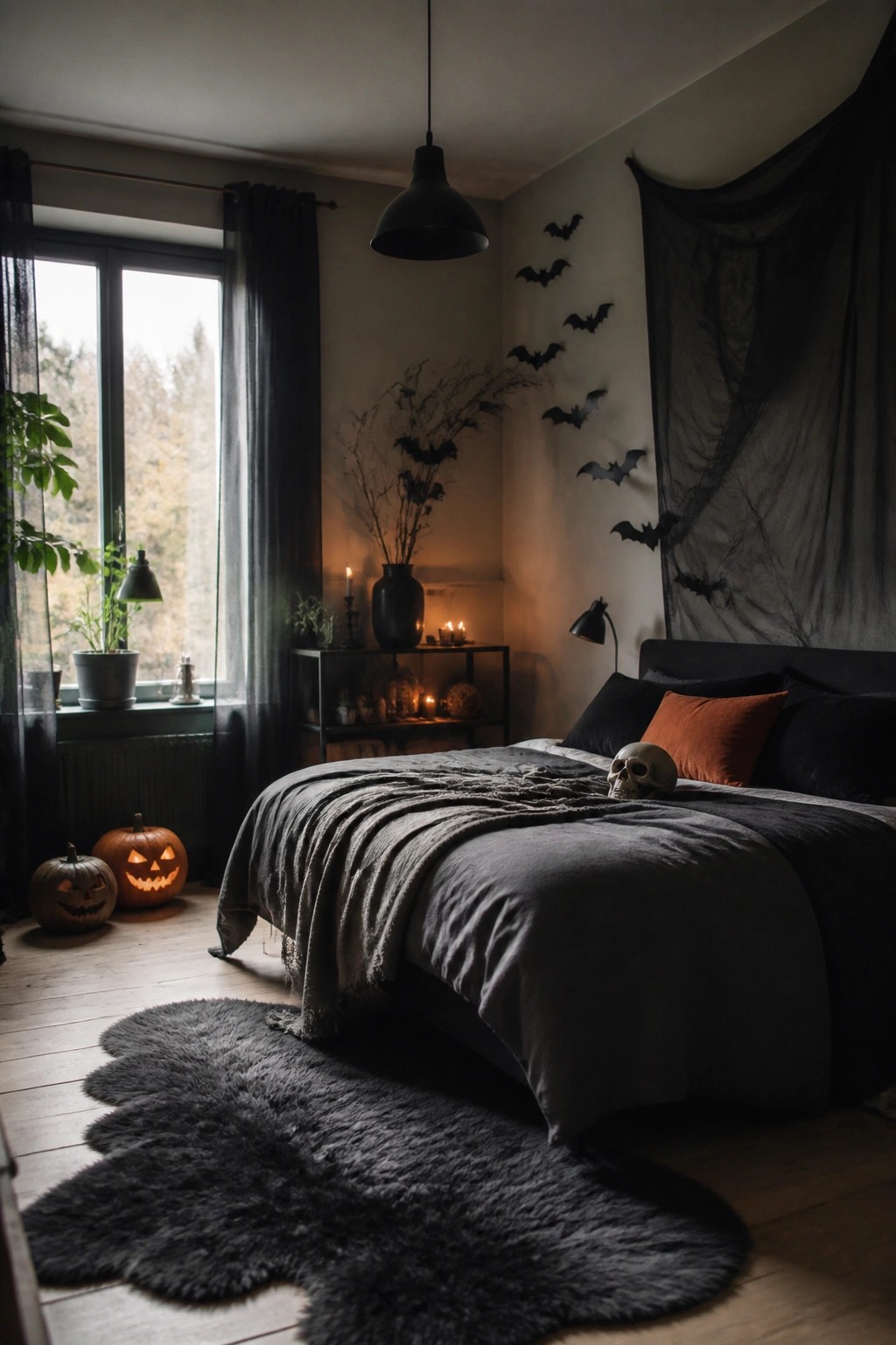 Bedroom with black bats arranged on the wall above a bed that also holds a decorative skull and dark bedding.