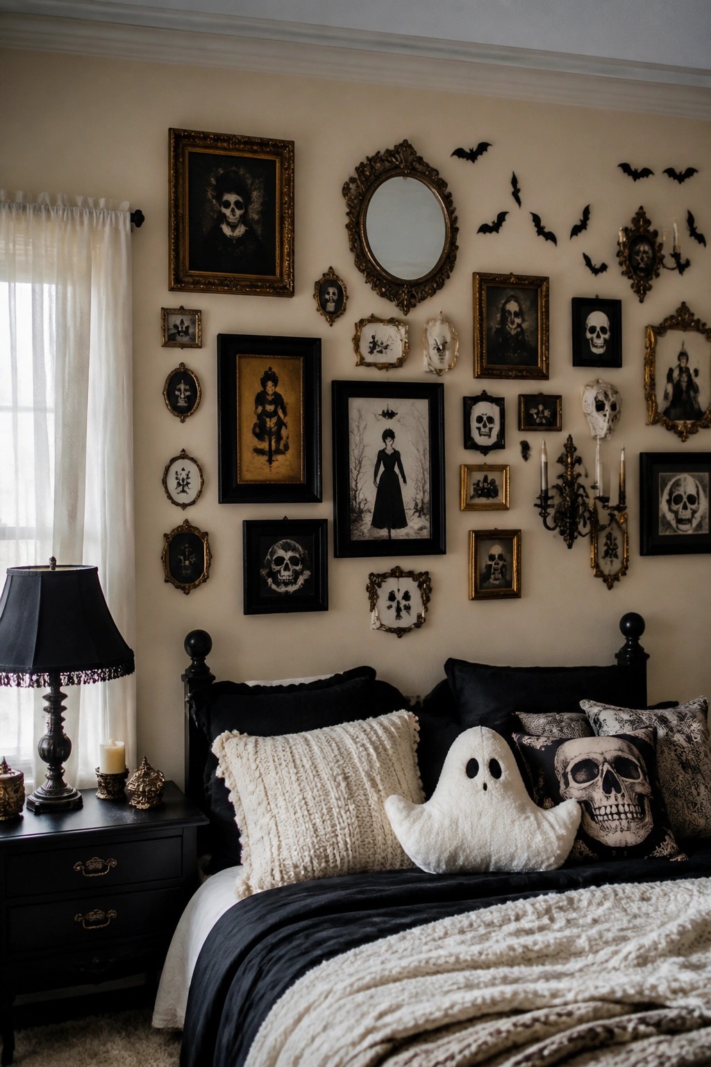 Bedroom with a gallery wall covered in framed spooky portraits, skulls, and ghost art, plus black bat cutouts scattered above a bed with black and white bedding.