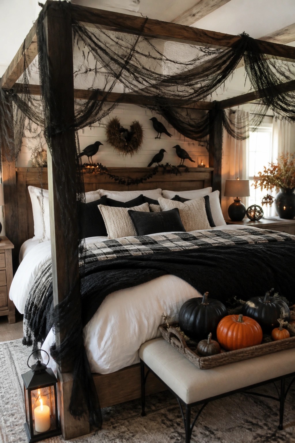 Wooden canopy bed with black spiderweb-style fabric draped over the frame and black crow figures arranged on the wall above the headboard.