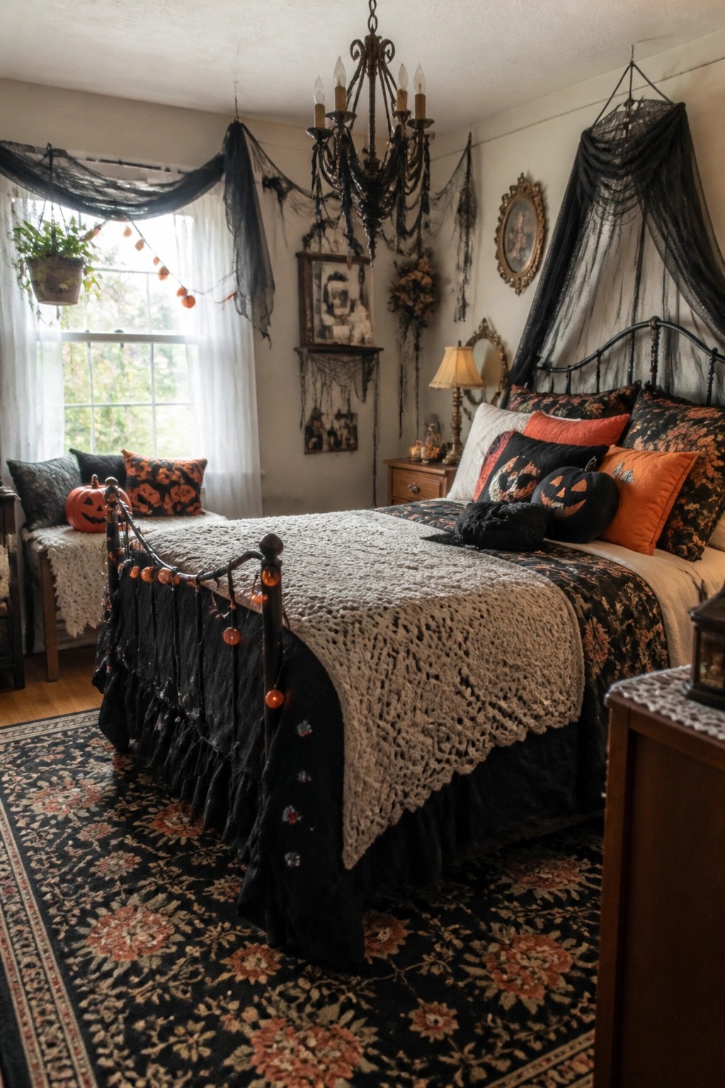 Bedroom with black fabric draped from the ceiling around the bed and spiderwebs stretched across the walls and canopy.