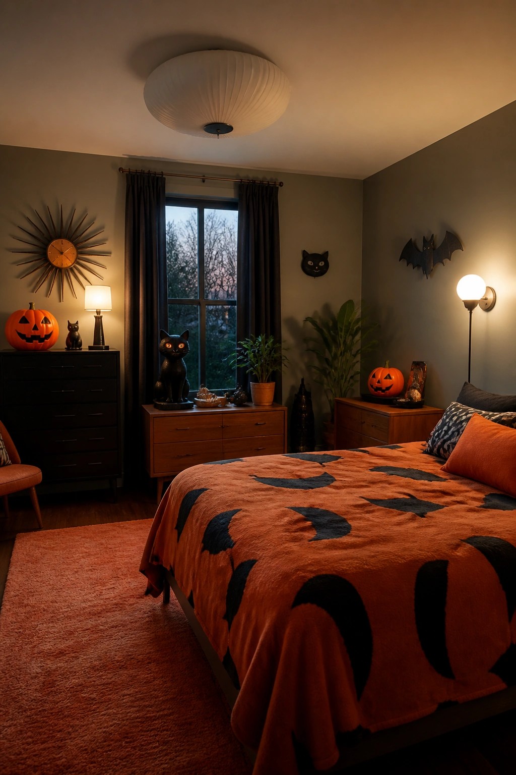 A bedroom featuring an orange comforter with large black bat patterns, bat wall decorations, and several jack o lanterns placed on the furniture.