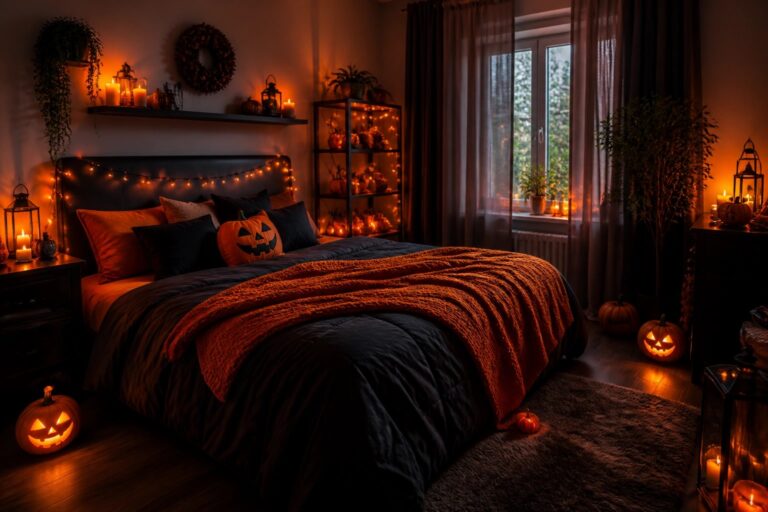 Bedroom with carved jack o lanterns placed on the bed and floor, a Halloween wreath above the headboard, and string lights along the wall.