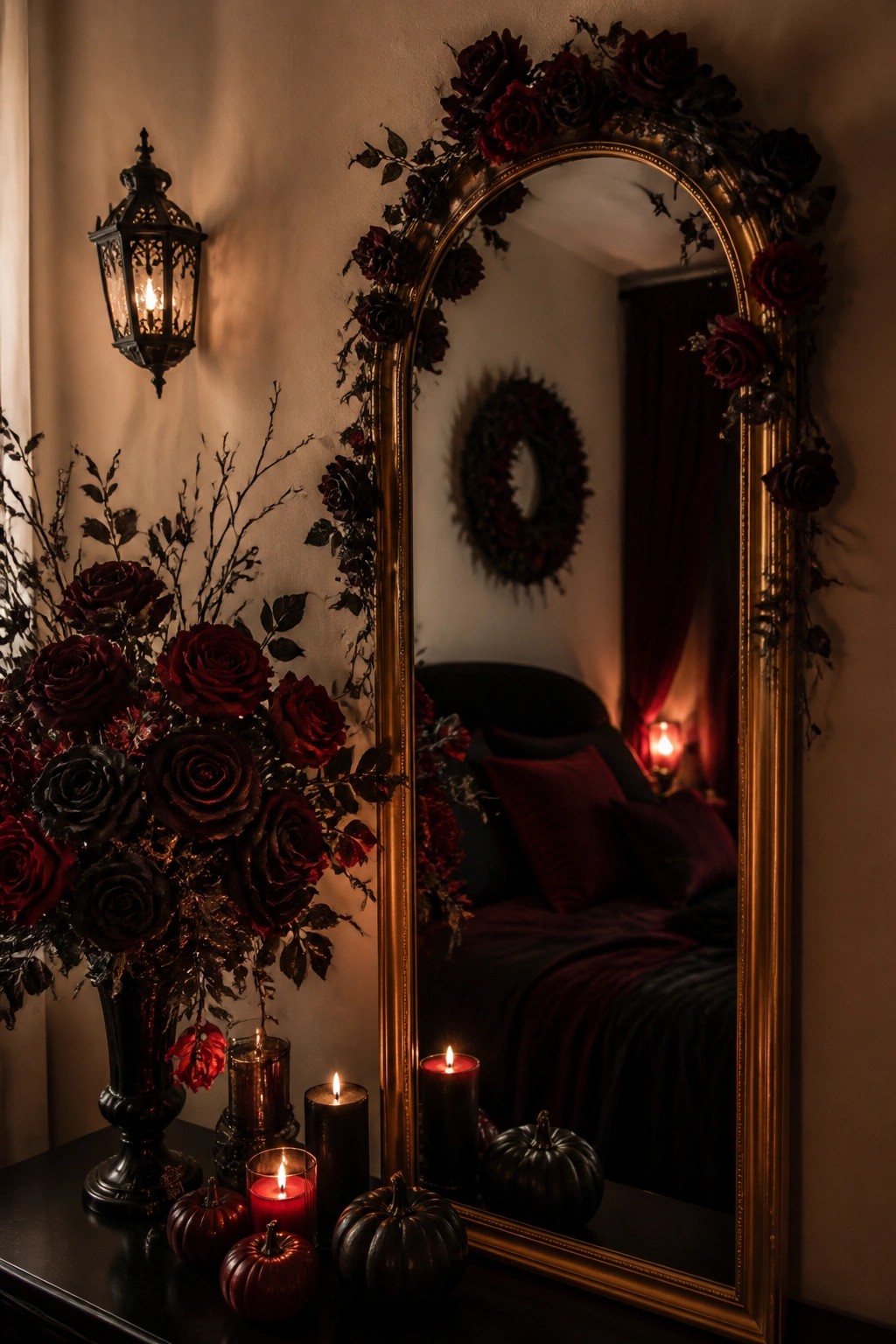 A large gold bedroom mirror wrapped in dark red and black roses, with black pumpkins and lit red candles on the console table in front of it.