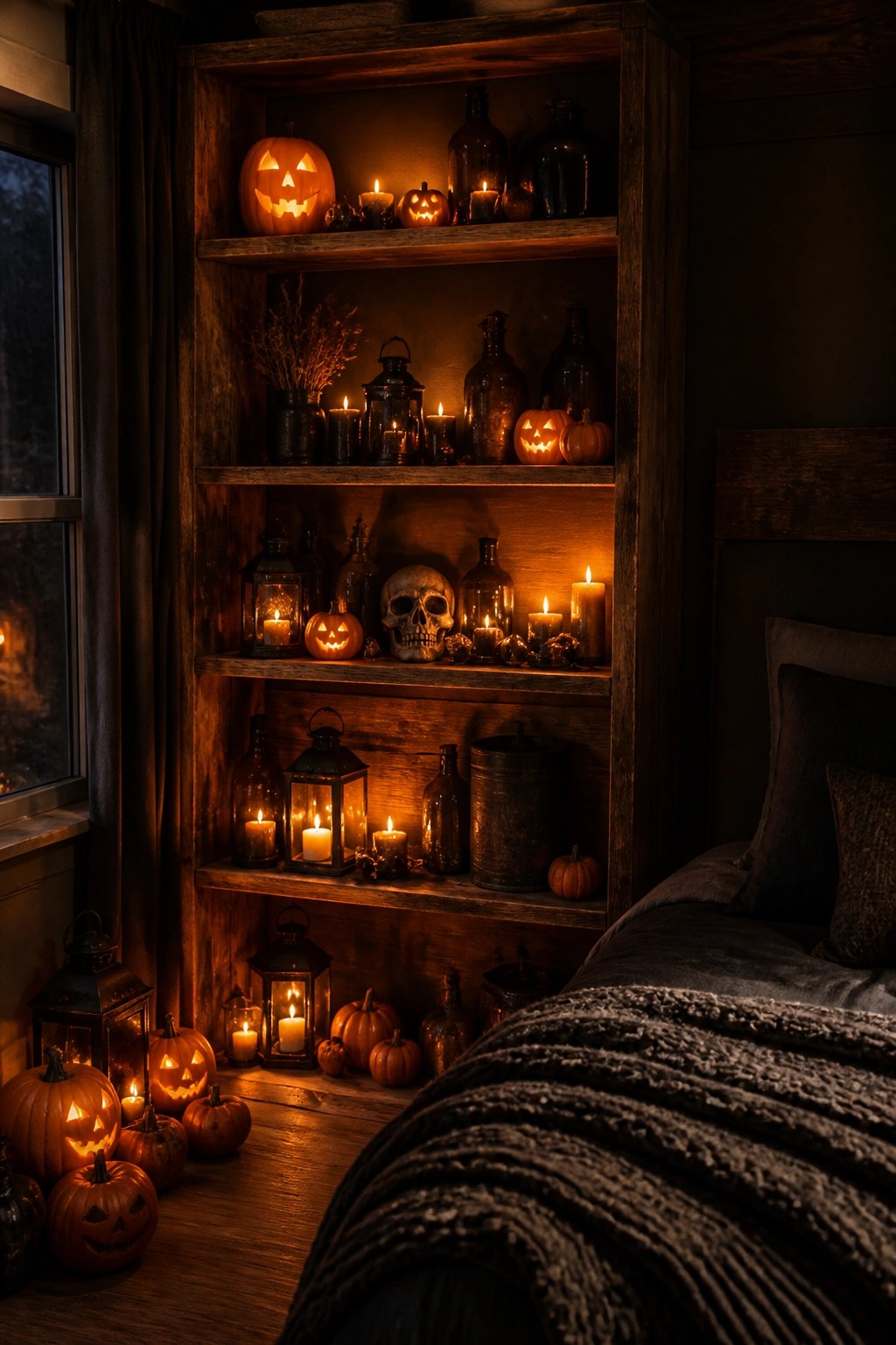 Bedroom corner with wooden built-in shelves holding several lit jack o lanterns, candles, lanterns, and a skull.