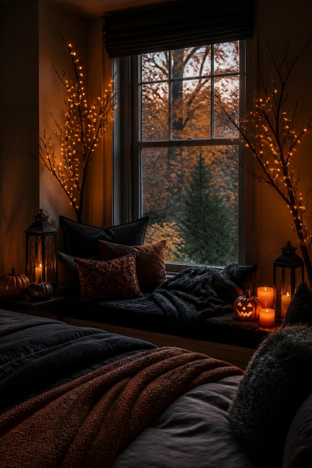Bedroom window seat styled with black pillows, a carved jack o lantern, and black lanterns holding lit candles.