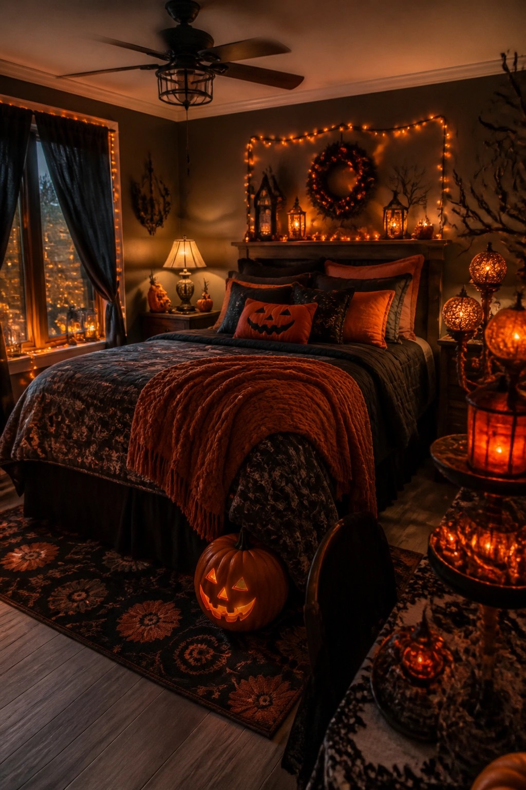 Bedroom with carved jack o lanterns placed on the bed and floor, a Halloween wreath above the headboard, and string lights along the wall.