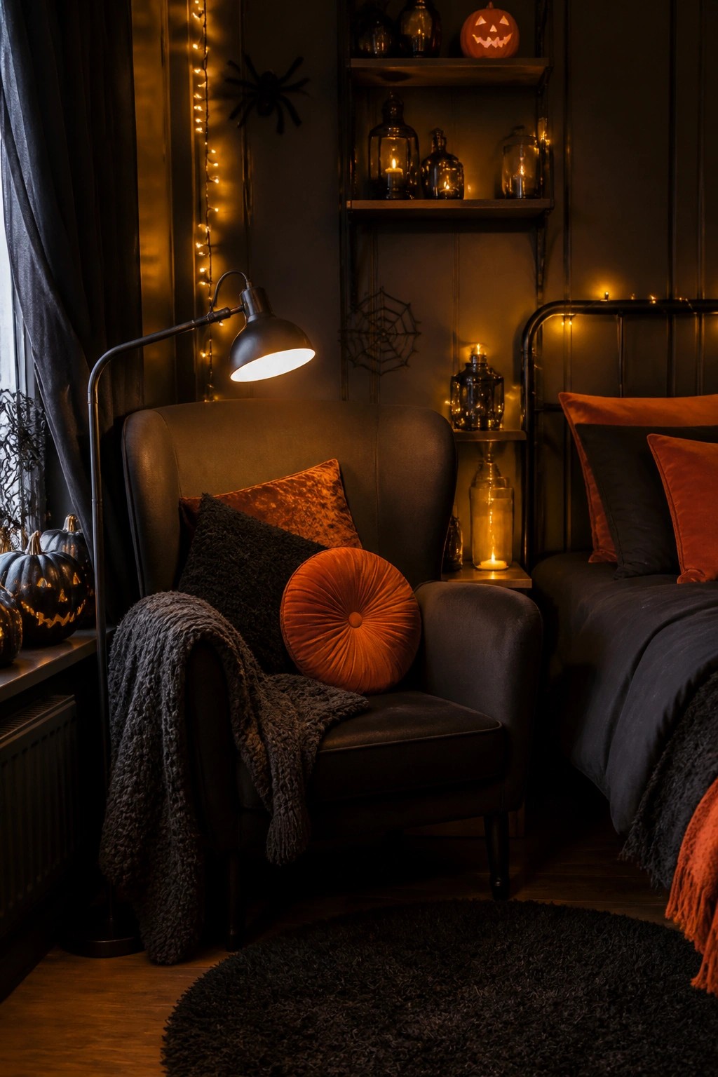 Dark bedroom corner with a leather chair, glowing carved pumpkins on the windowsill, string lights, and spiderweb wall decorations.