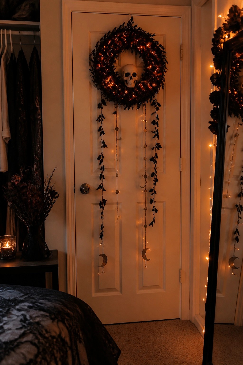 Halloween wreath with skull and orange lights on white bedroom door with moon garlands