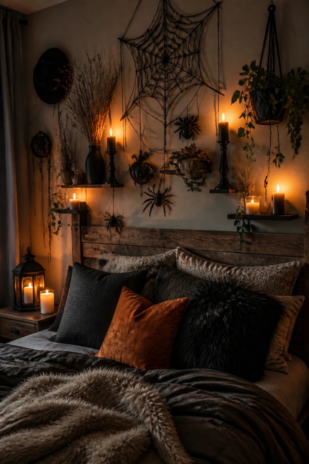 Bedroom with a large black spiderweb and hanging spiders displayed on the wall above a bed with dark pillows and several lit candles on wall shelves.