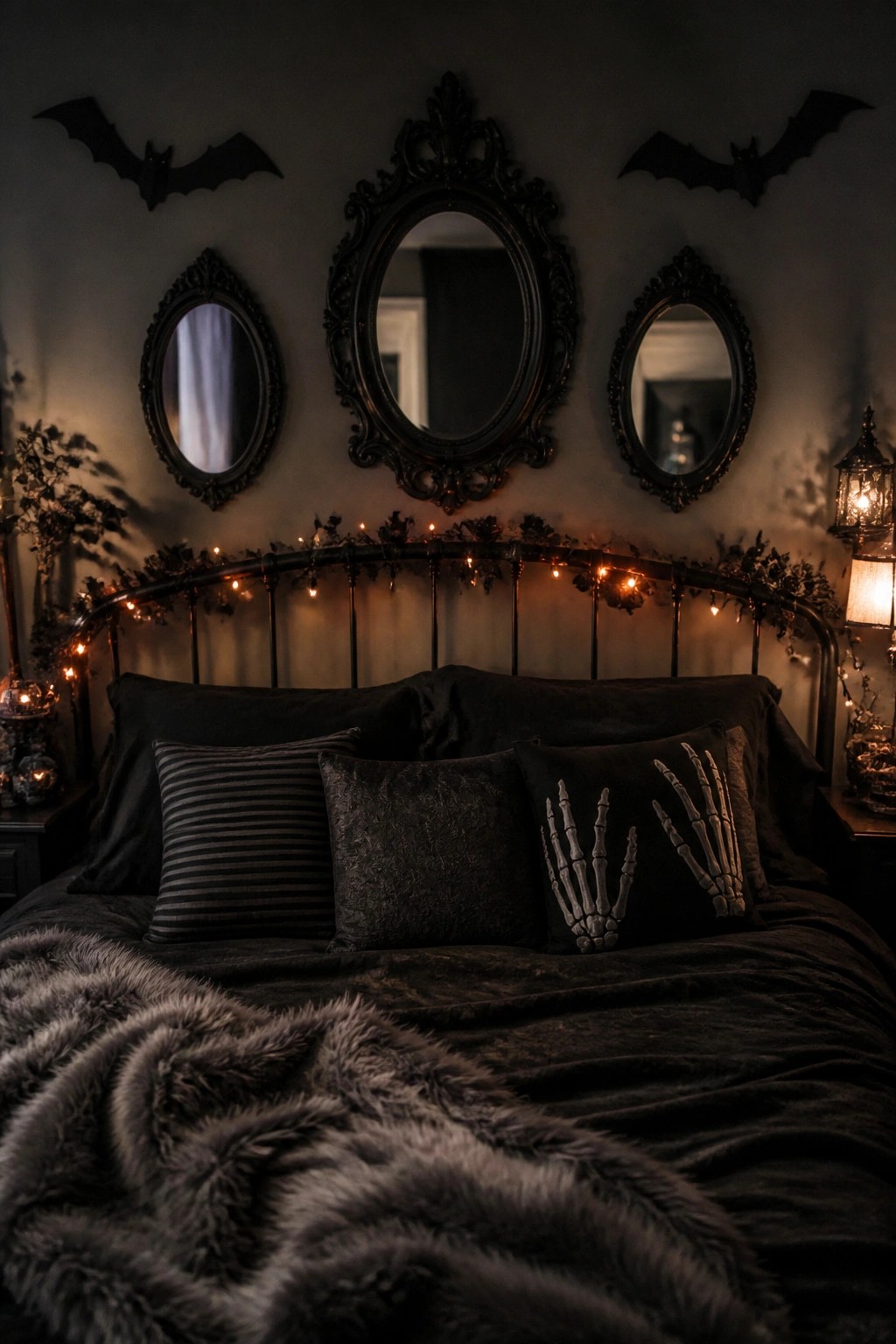 Bedroom with black bat cutouts on the wall above a bed dressed in dark bedding and skeleton hand pillows.