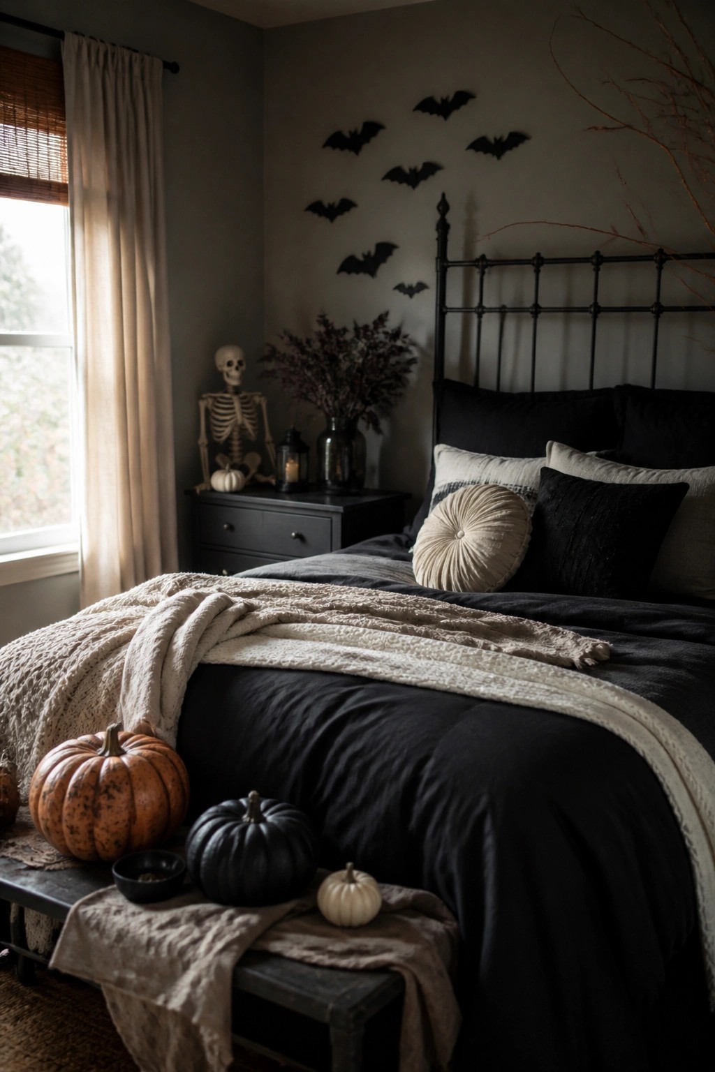 Bedroom with black bedding and a group of black paper bats arranged on the wall above the bed, with a skeleton on the nightstand.