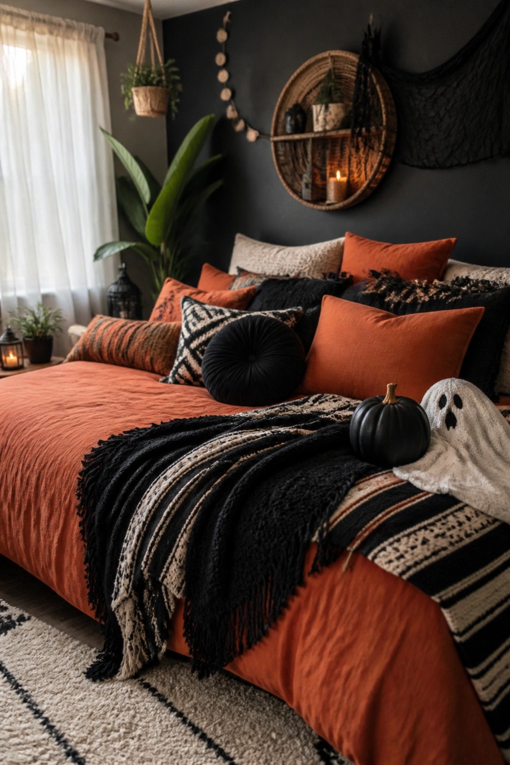 A bedroom with orange bedding, black and patterned pillows, a white fabric ghost, and a black pumpkin arranged on the bed.