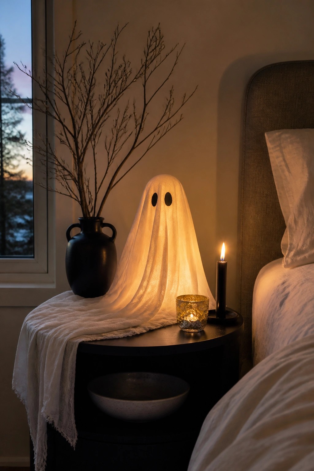 A bedroom nightstand with a white fabric ghost lit from within, positioned next to a black candle and a dark vase holding bare branches.