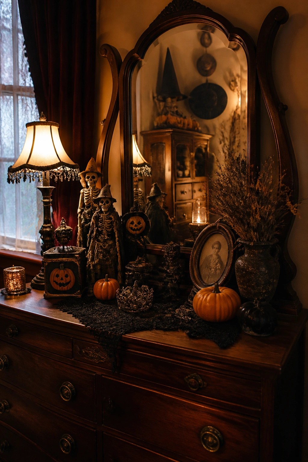 Dark wood dresser styled with witch-hatted skeletons, small pumpkins, a carved jack o' lantern box, and a large mirror reflecting more Halloween decor.