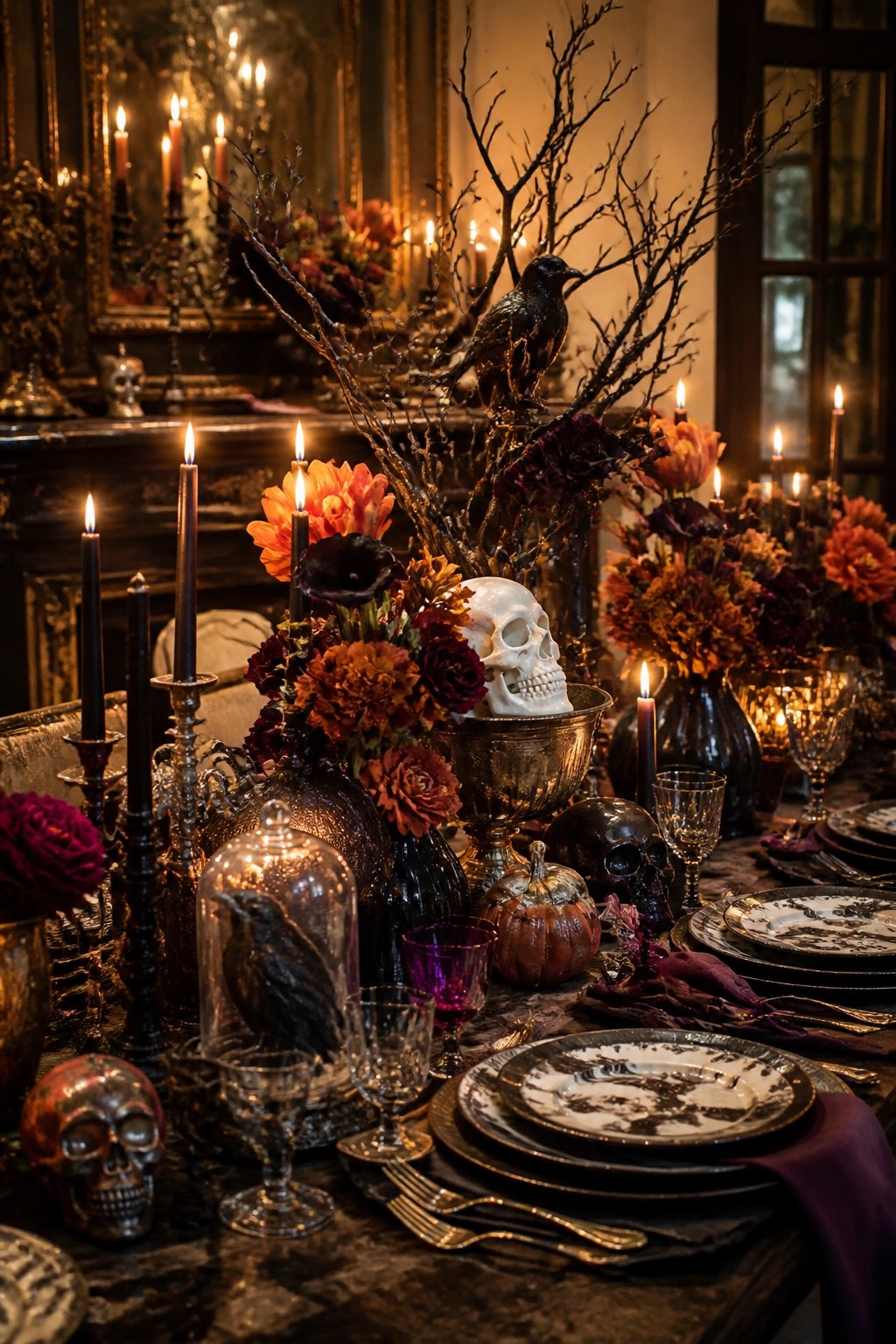 A long dining table with a dramatic centerpiece of black branches holding a crow, a white skull resting in a gold bowl, dark flowers, and black candles among formal place settings.