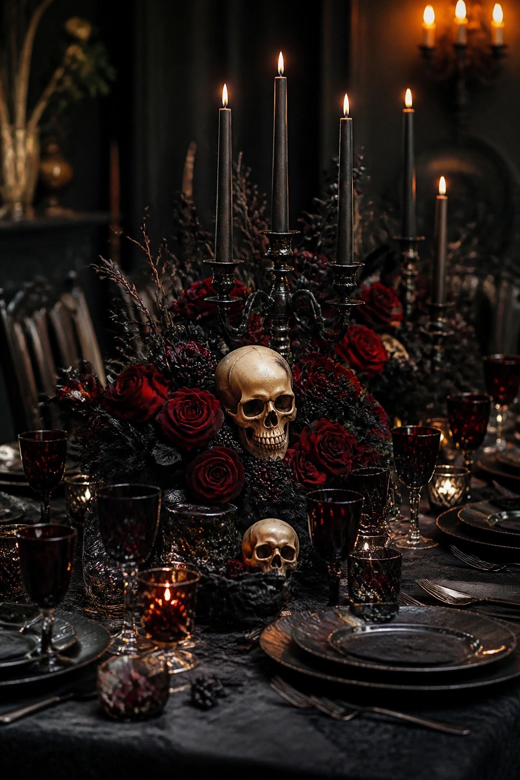 Dark gothic table with golden skulls, black roses, and flickering black candles