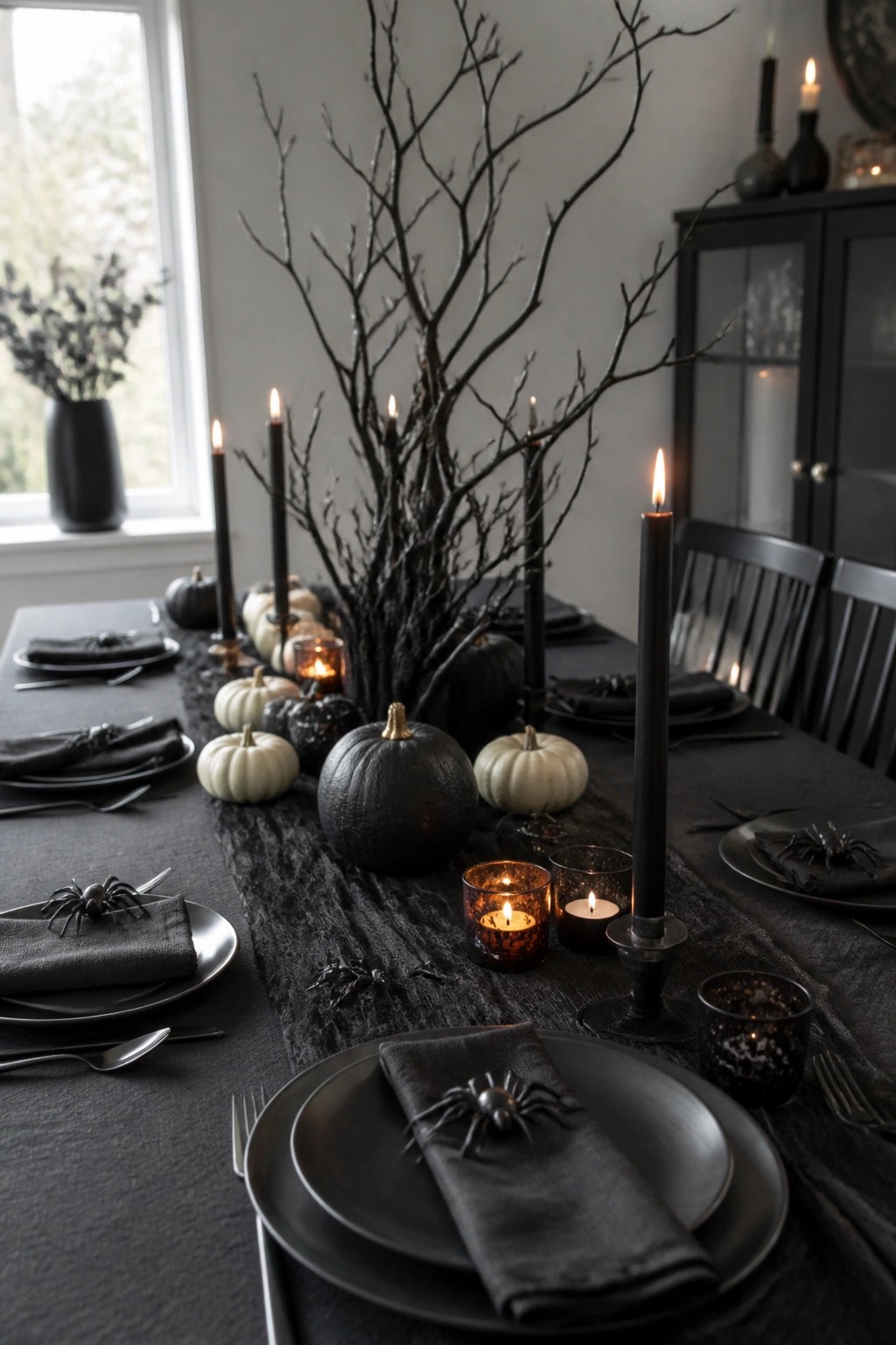 Dining table with a tall black branch centerpiece surrounded by black and white pumpkins, plastic spiders, and lit black candles on a dark table runner.