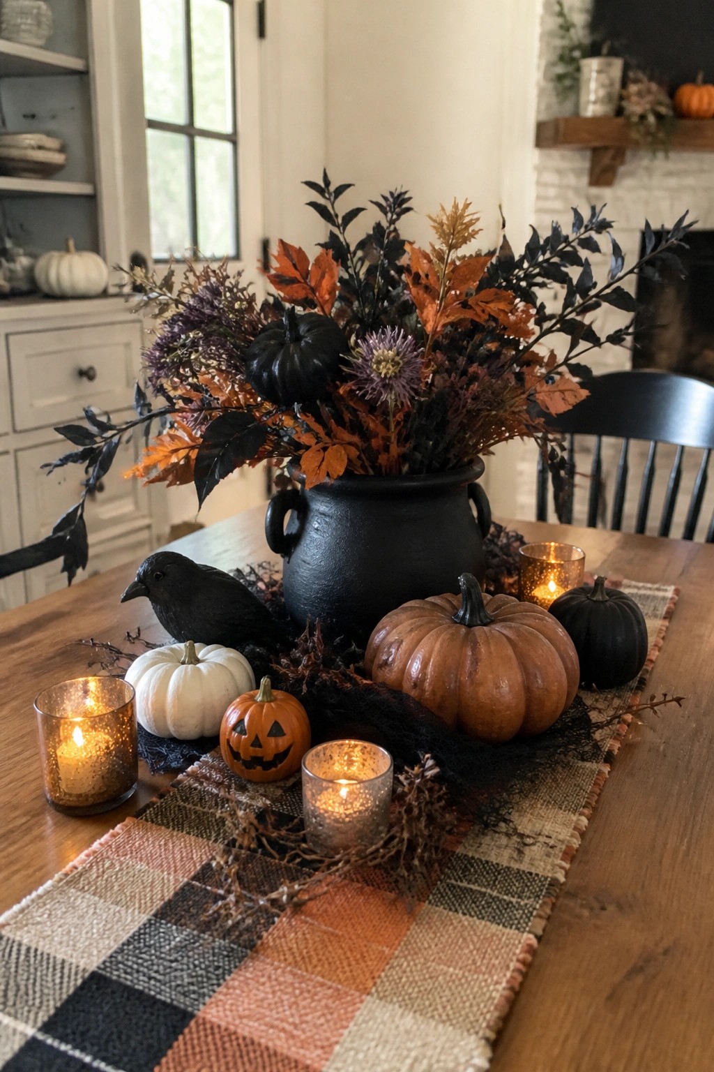 Dining table with a black cauldron centerpiece filled with dark foliage and small pumpkins, plus a jack o lantern, candles, and a black bird on a plaid runner.