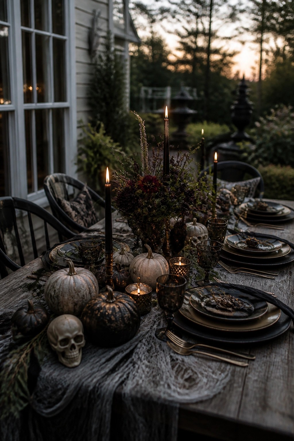 Gothic outdoor table with black plates, pumpkins, skull, spiderwebs, and lit black candles at dusk