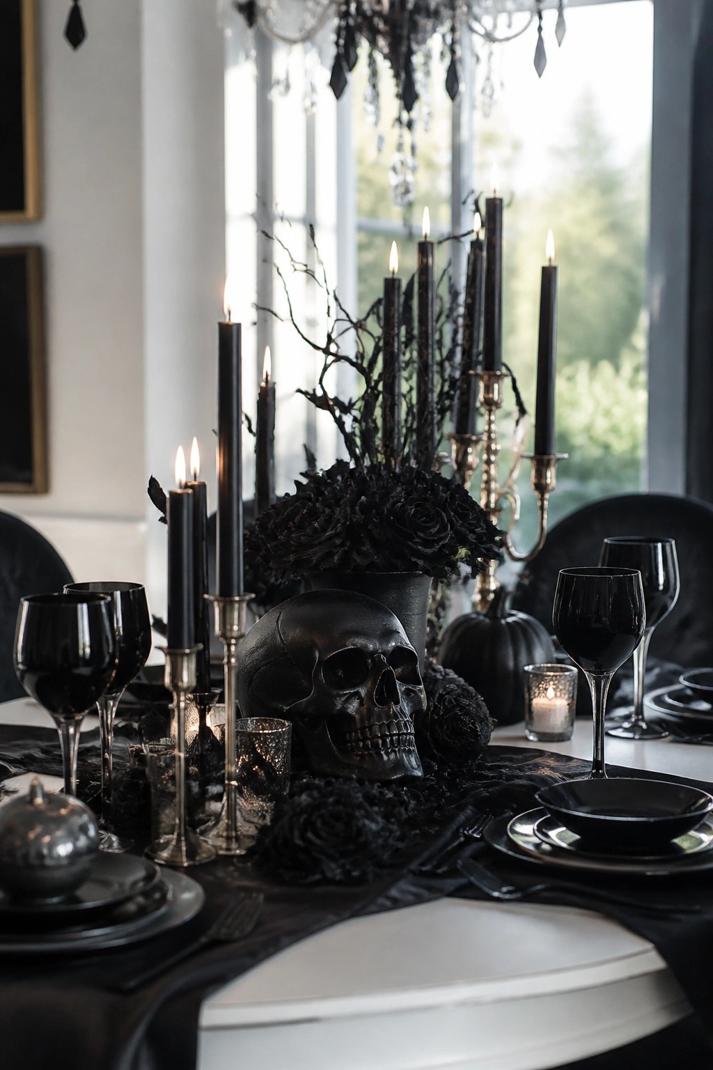 A dining table set with a large black skull centerpiece, tall black candles, black roses, and black glassware on a white table.