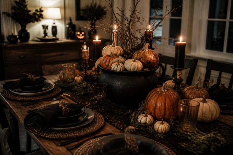 Dining table set with a large black pumpkin centerpiece, dark branches, foliage, and black taper candles.