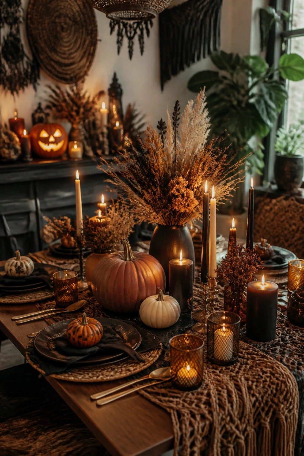 Long wooden dining table set with orange and white pumpkins, tall black and white candles, and glass candle holders as a Halloween centerpiece.