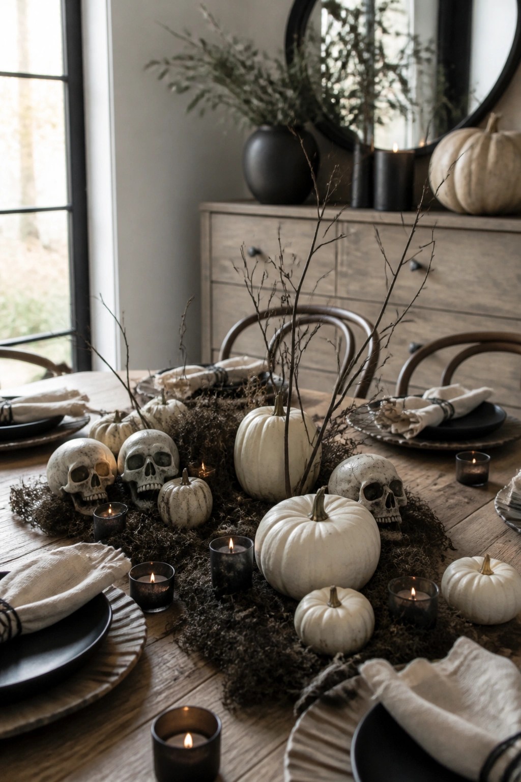 Wooden dining table with a long centerpiece of white pumpkins, skulls, dark moss, black branches, and lit candles surrounded by black plates and linen napkins.