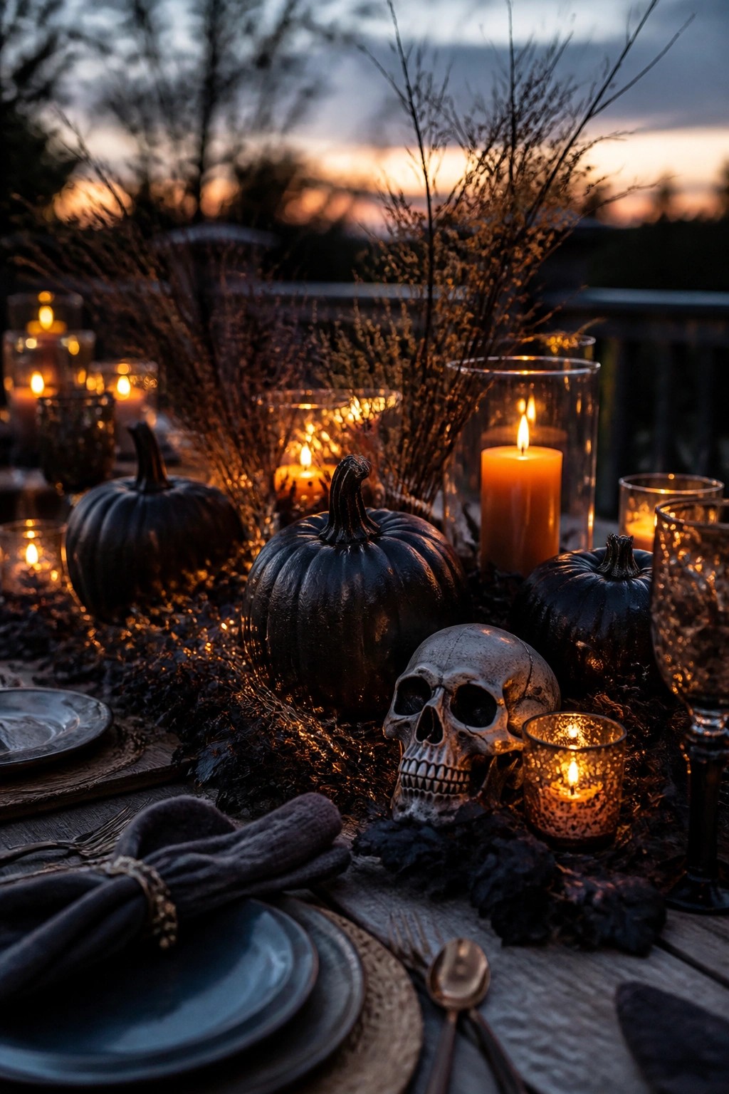 A wooden dining table decorated with a silver skull, black pumpkins, lit candles in glass holders, and dark dried foliage as a Halloween centerpiece.