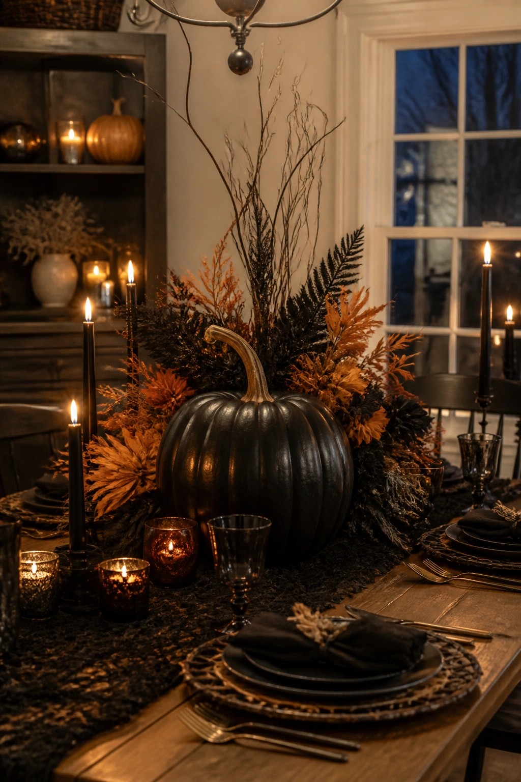 Dining table set with a large black pumpkin centerpiece, dark branches, foliage, and black taper candles.