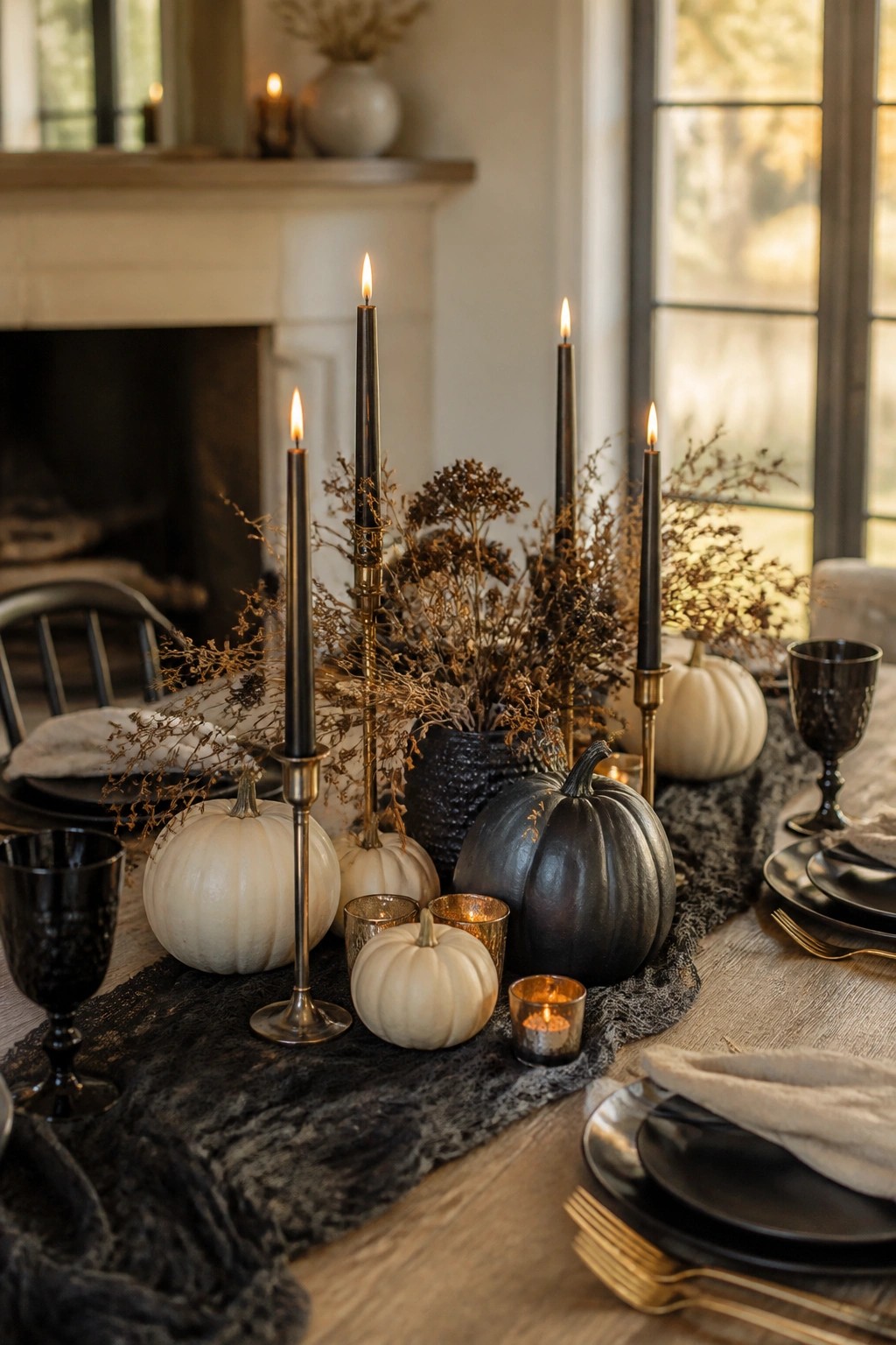 A dining table with a Halloween centerpiece of tall black candles, black and white pumpkins, and dried branches arranged on a dark runner.
