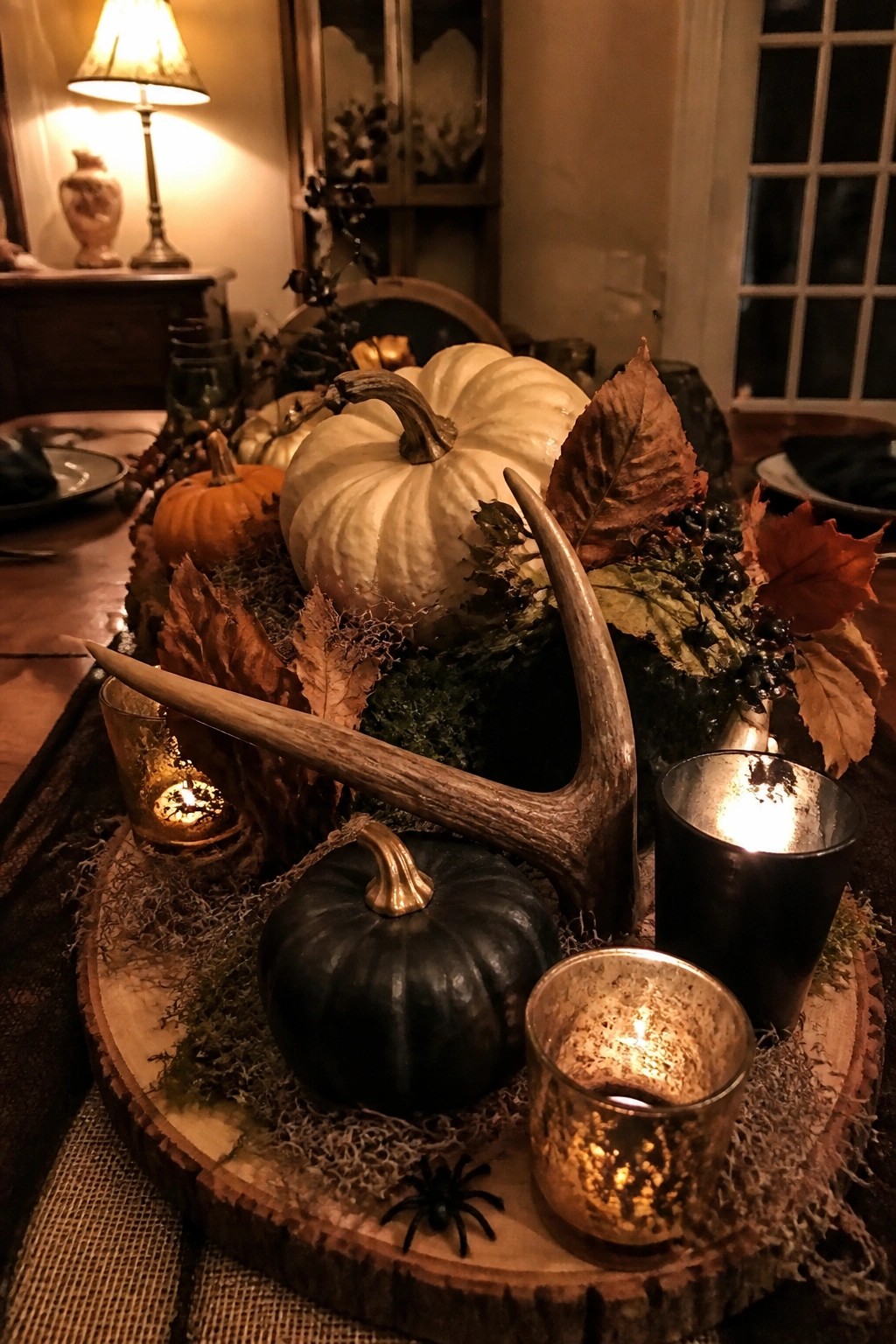 Autumn centerpiece with pumpkins, antlers, leaves, and flickering candles on wooden slab