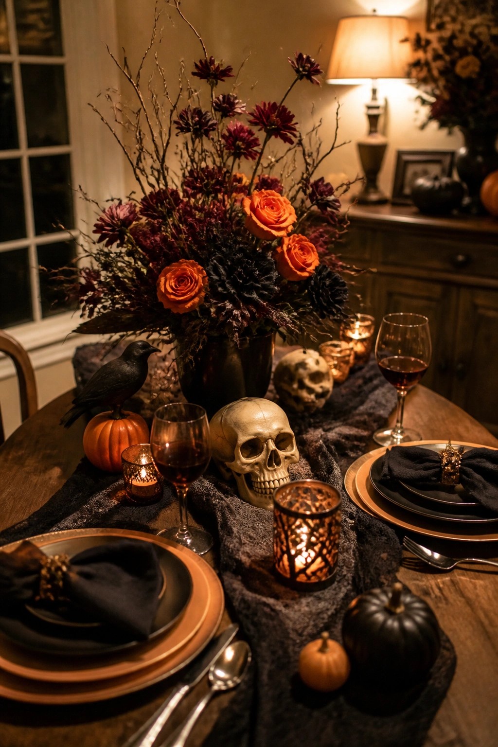 Dining table with skulls, a black crow, dark flowers, and candles arranged on a dark runner as a Halloween centerpiece.