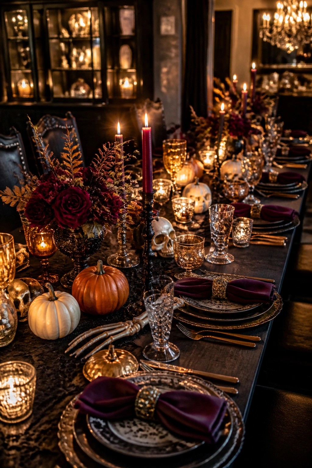 A long dining table with a Halloween centerpiece that includes skeleton hands, skulls, dark red flowers, pumpkins, and purple napkins.