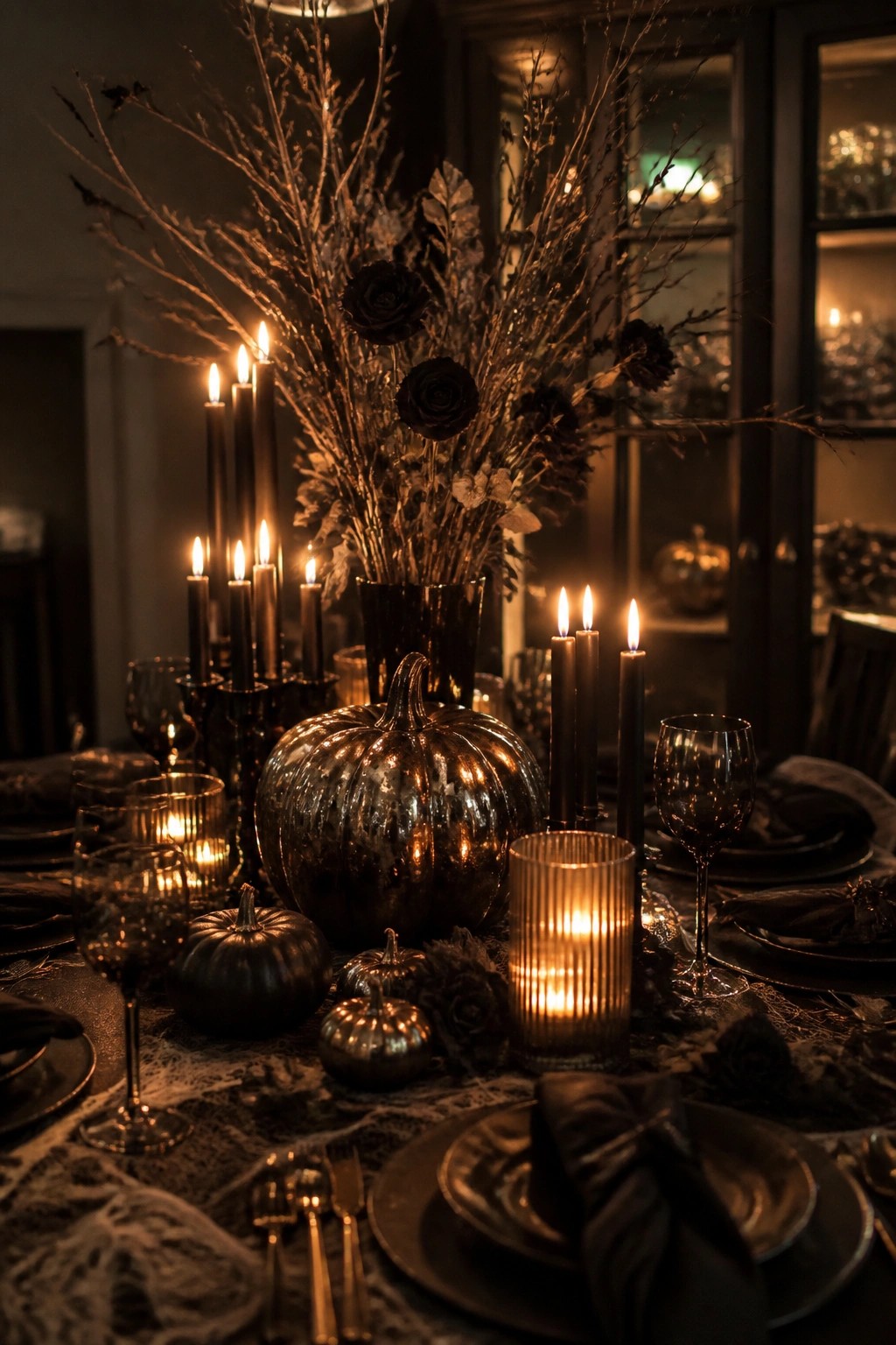 Dining table with a tall black branch centerpiece, black candles, metallic pumpkins, and dark place settings.