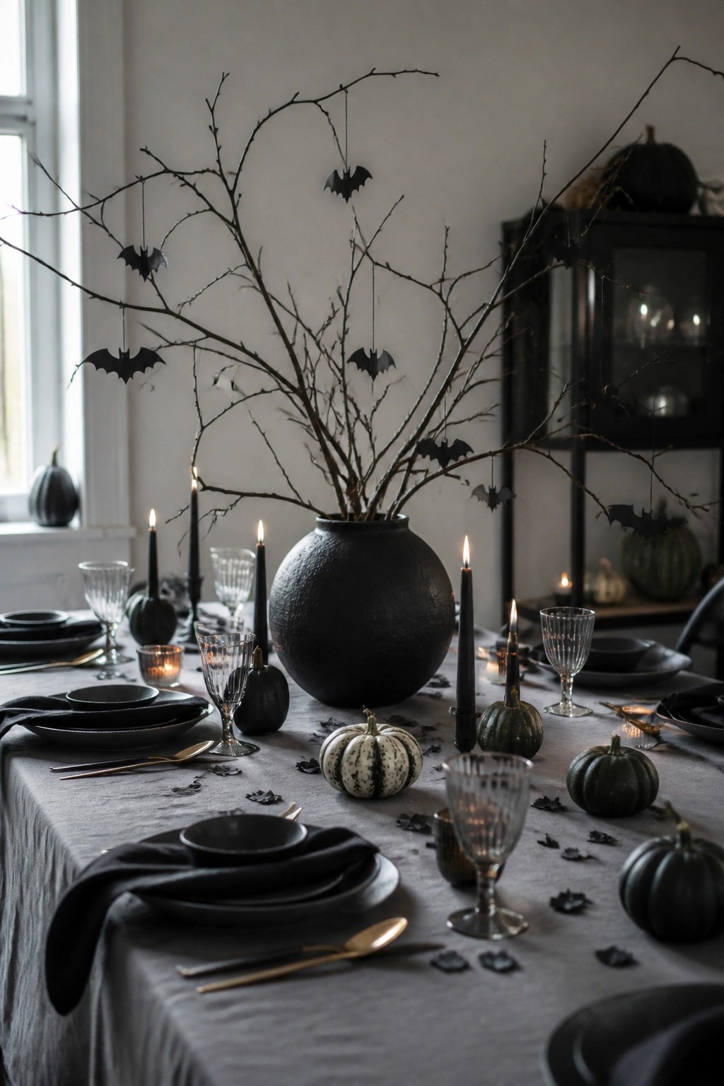Dark Halloween table with black vase, bat branches, pumpkins, candles, and gray linens
