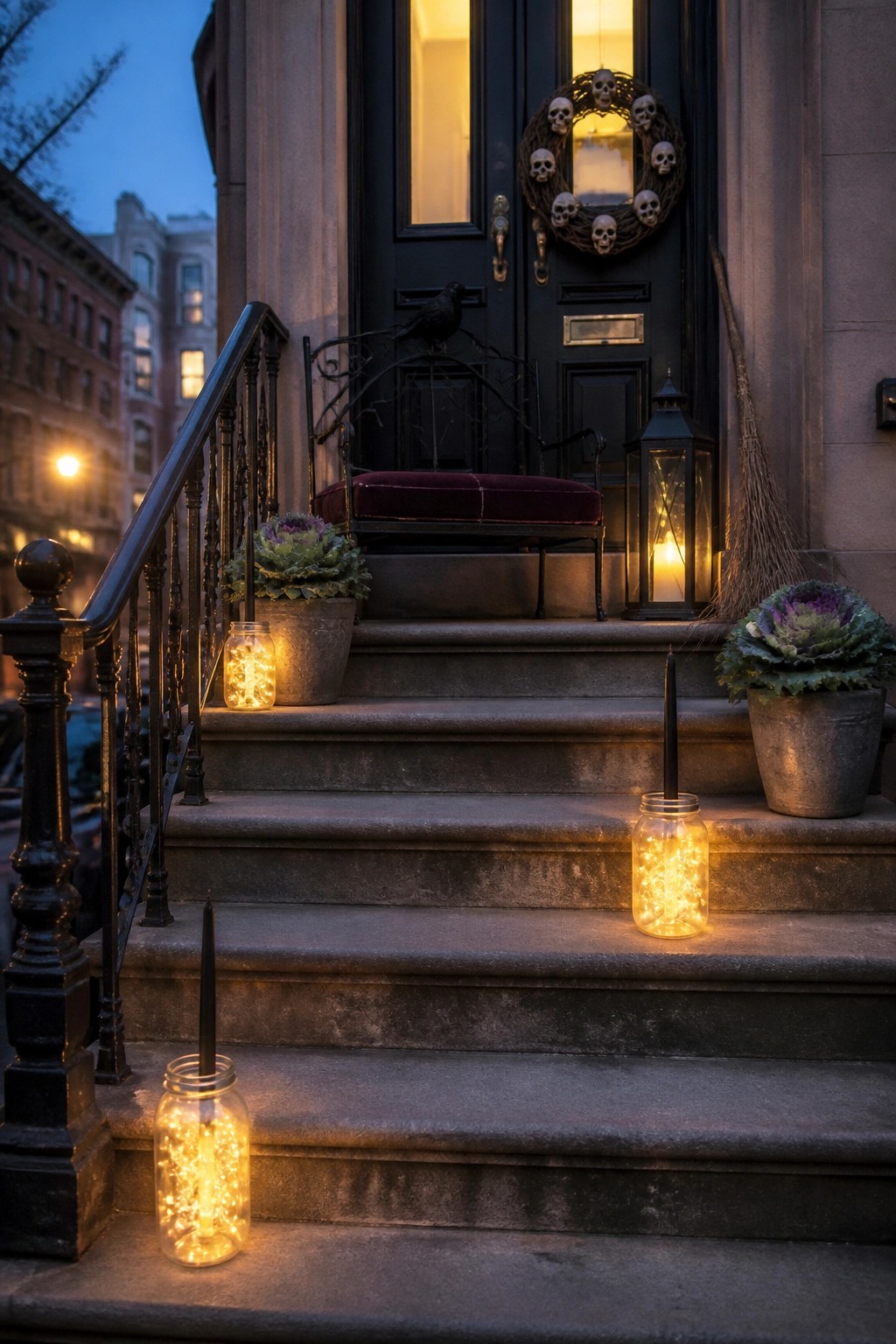 A black front door features a wreath made of small skulls, with glowing mason jars and lanterns placed on the stone steps leading up to it.