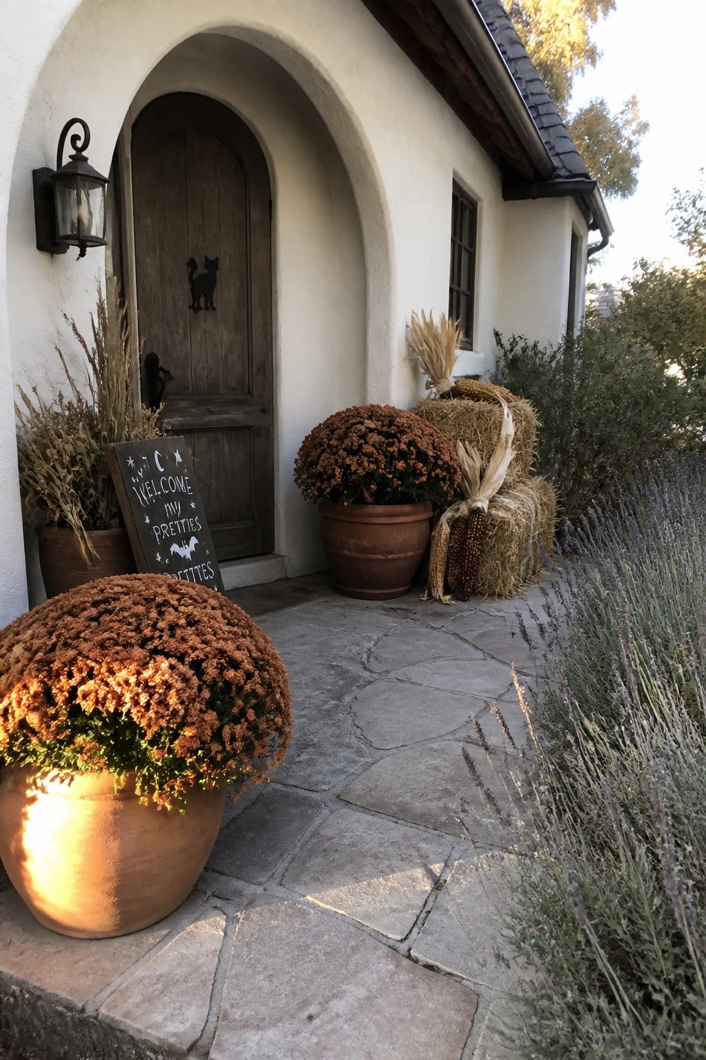 A stone path leads to a wooden arched doorway on a white house, with large terracotta pots of orange mums, stacked hay bales, dried corn, and a chalkboard sign beside the door.