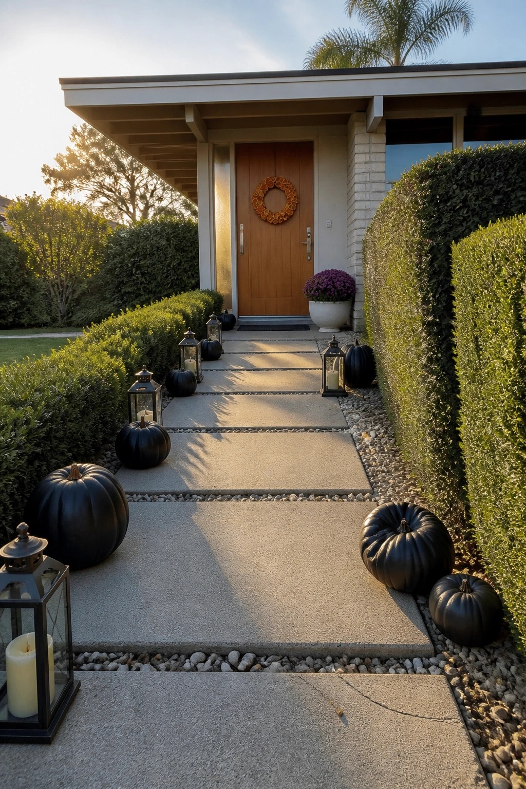 Stone pathway lined with black pumpkins and glowing lanterns to wooden door.