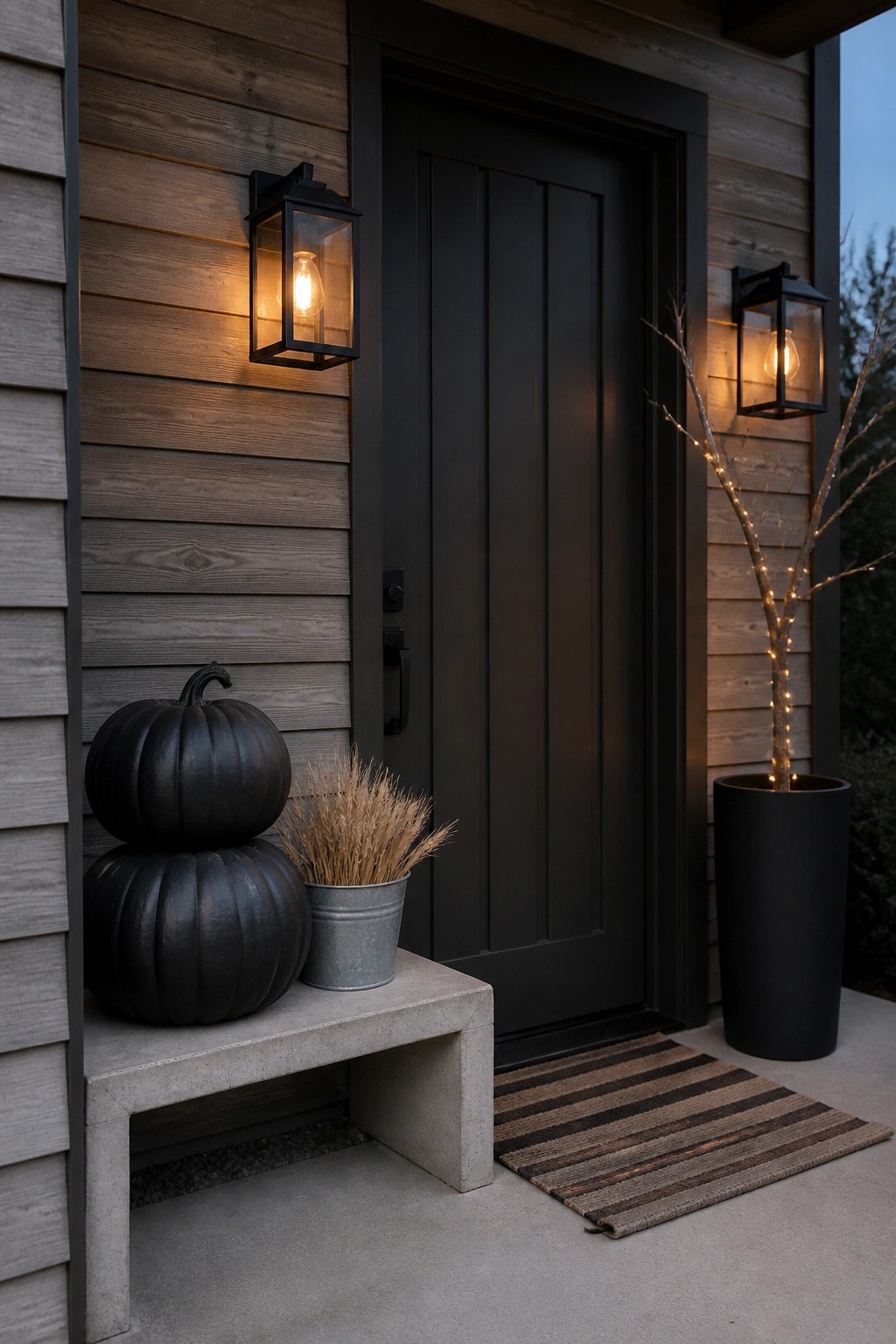 Black pumpkins stacked on a concrete bench beside a black front door, with two lit black lanterns on the siding and a black planter holding a lit branch.